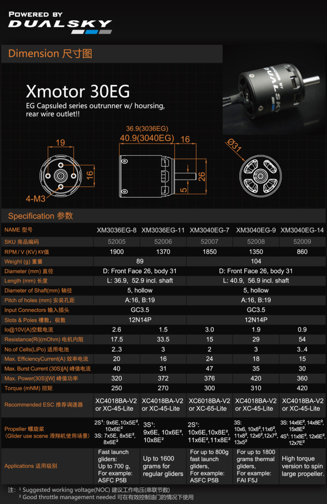 デュアルスカイ XM3040EG ハウジング付き新型アウトランナー・インランナー グライダー用モーター